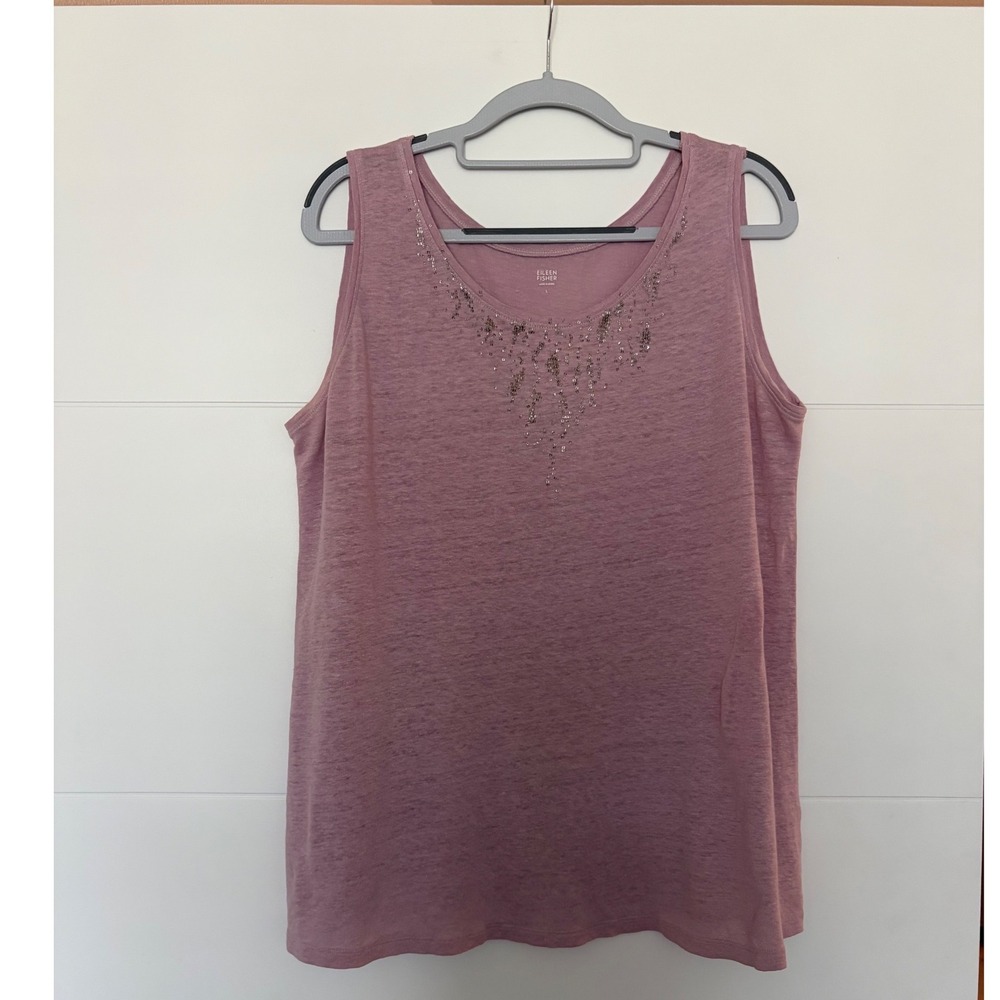 Eileen Fisher Mauve Pink 100% Linen Beaded Embellished Top L Relaxed Layering